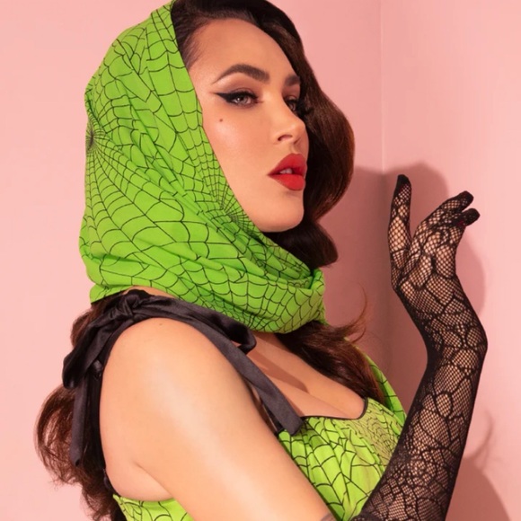 Vixen by Micheline Pitt Slime Green Spider Web Print 1950’s Swing Sundress 4X - Picture 13 of 16